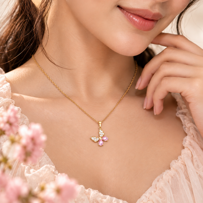 TITLIYA Korean Style Gold Pink Butterfly Crystal Pendant Necklace