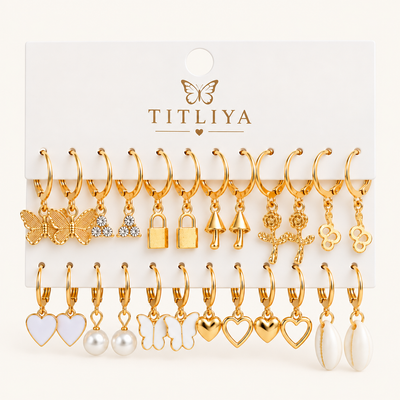 TITLIYA Korean Style Gold Butterfly & Pearl Earrings Combo Set of 12 Pairs