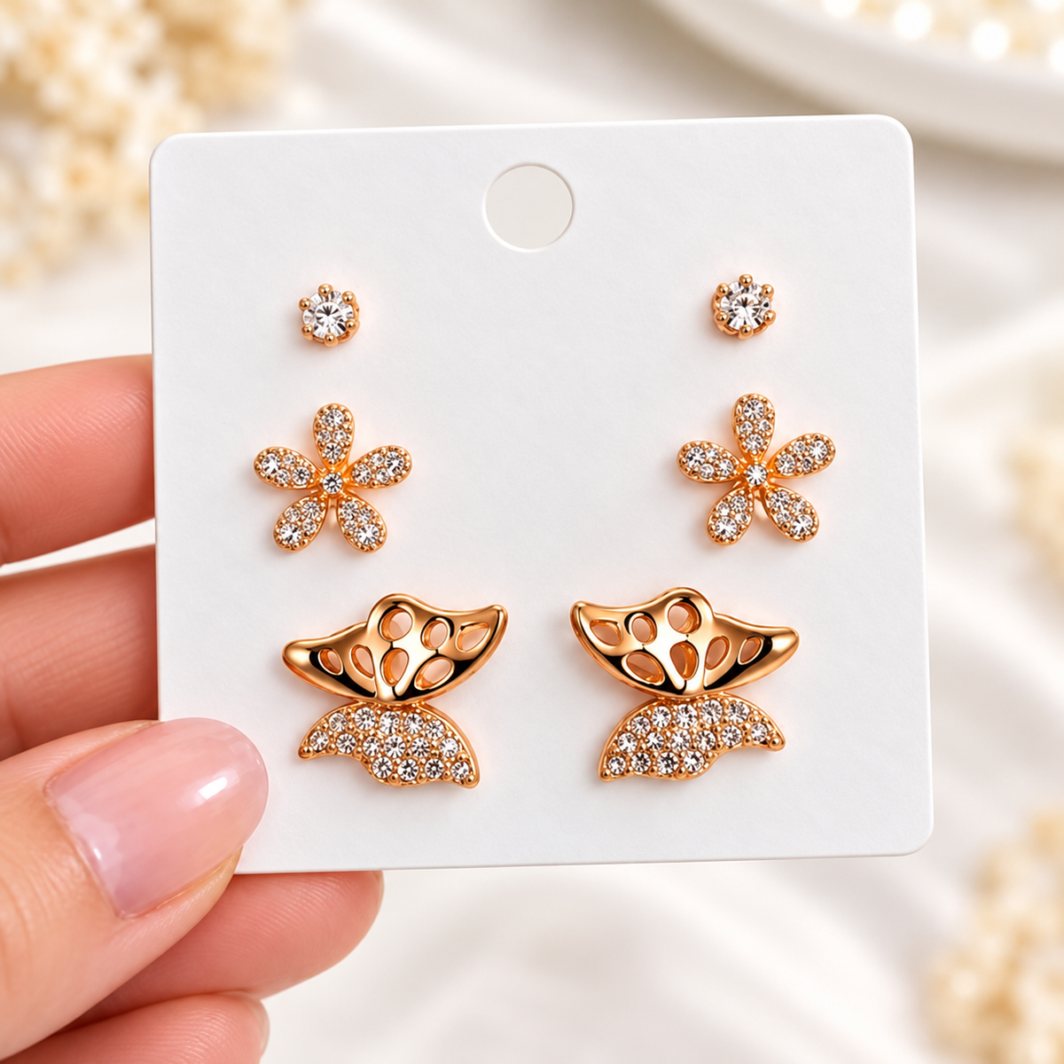 TITLIYA Korean Style Rose Gold-Tone Floral &amp; Butterfly Stud Earrings Set of 3 Pairs for Women