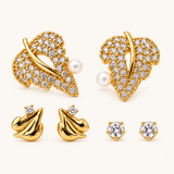 TITLIYA Korean Style Gold-Tone Pearl & Crystal Stud Earrings Set of 3 Pairs for Women