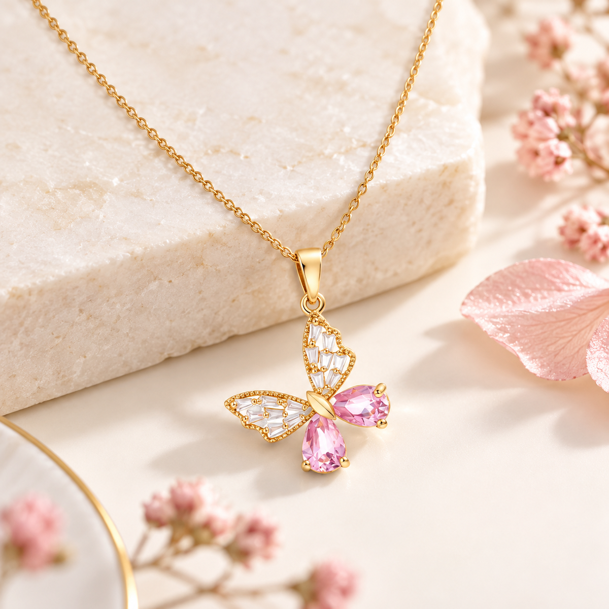 TITLIYA Korean Style Gold Pink Butterfly Crystal Pendant Necklace