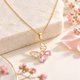 TITLIYA Korean Style Gold Pink Butterfly Crystal Pendant Necklace