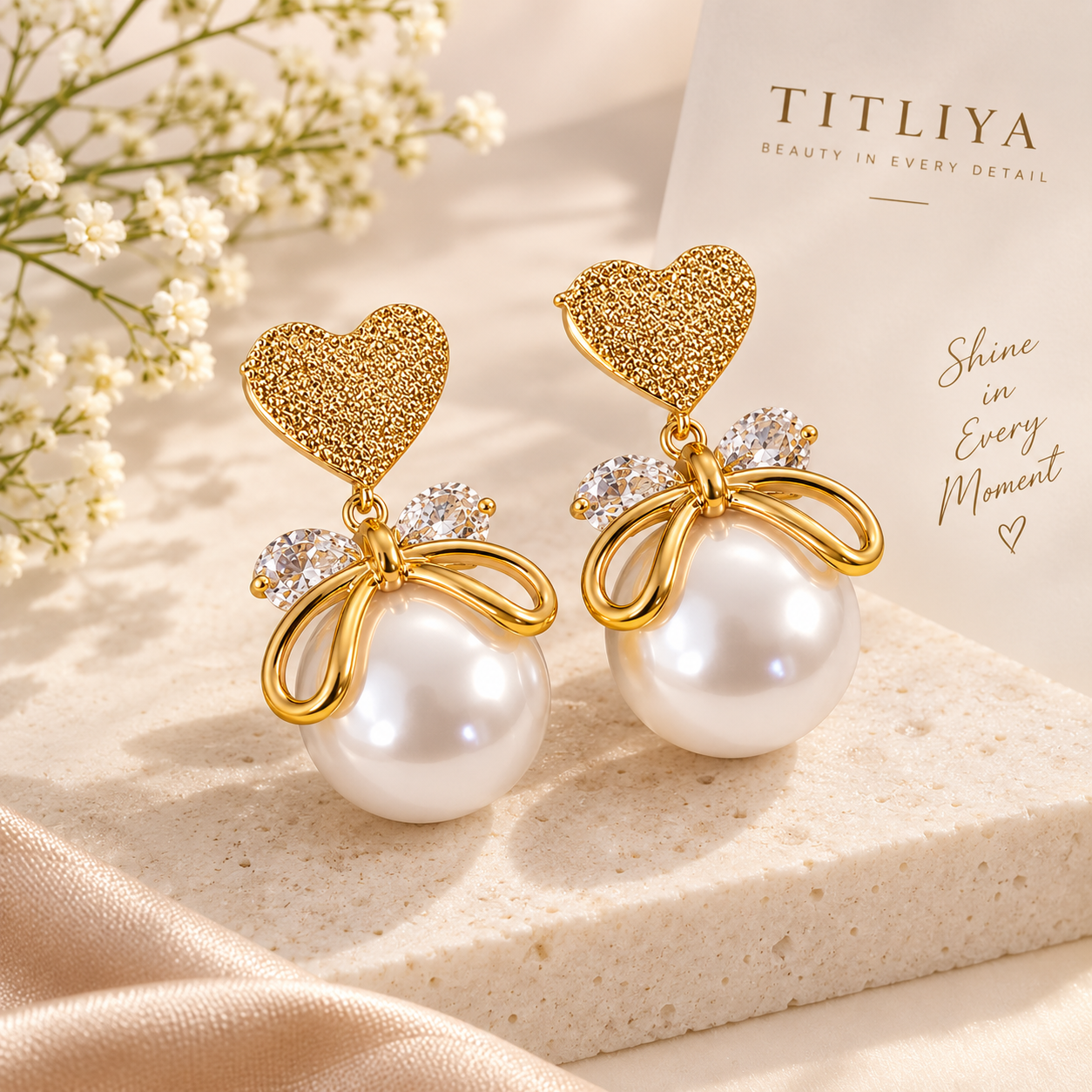 TITLIYA Korean Pearl Earrings Combo Set of 4 – Bow, Heart & Crystal Designs