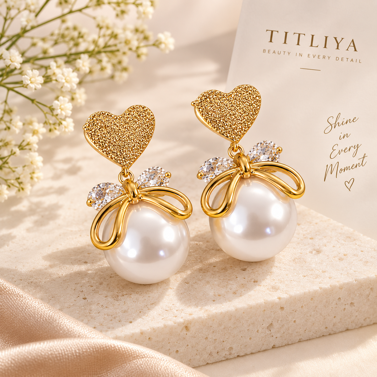 TITLIYA Korean Pearl Earrings Combo Set of 4 – Bow, Heart & Crystal Designs