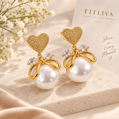 TITLIYA Korean Pearl Earrings Combo Set of 4 – Bow, Heart & Crystal Designs