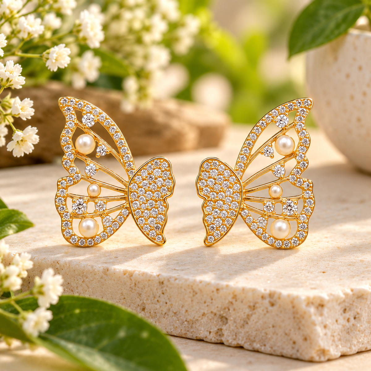 TITLIYA Korean Style Gold Butterfly Pearl Crystal Stud