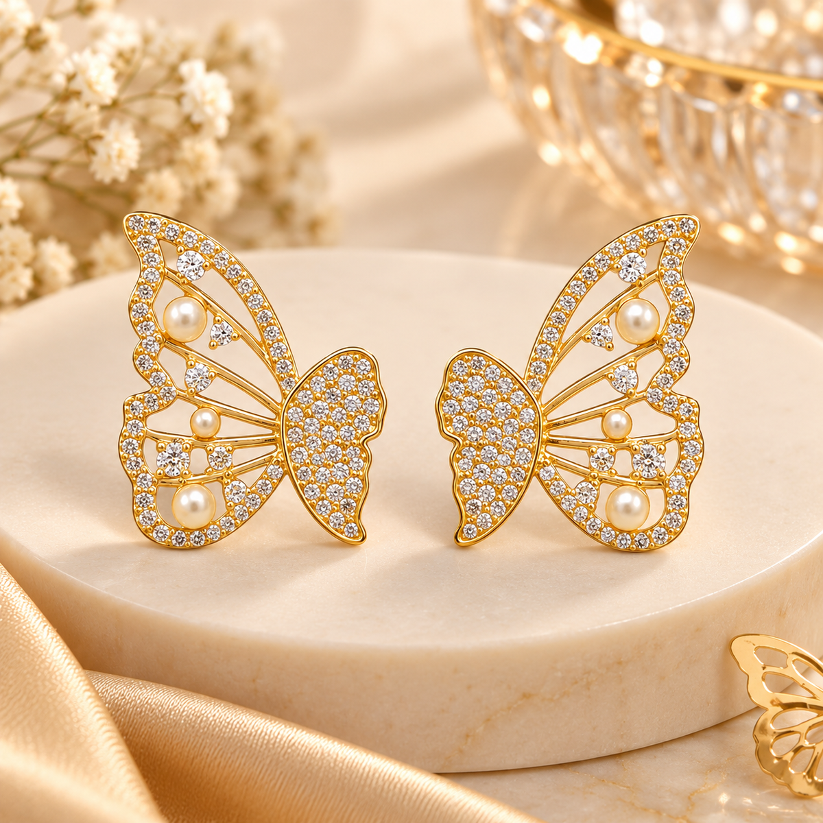TITLIYA Korean Style Gold Butterfly Pearl Crystal Stud