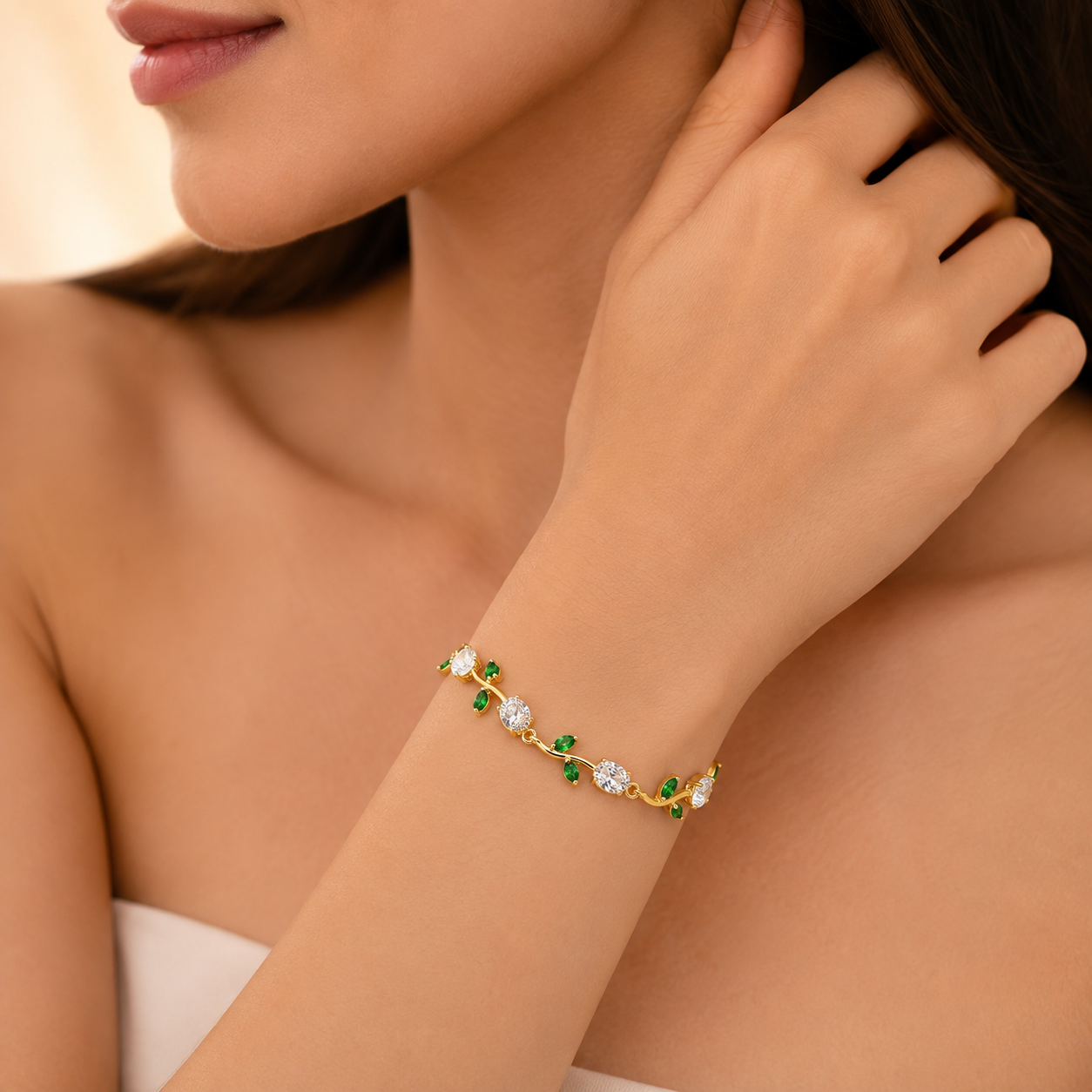 White and Green Leaf Bracelet for Women | Gold-Tone Korean Style Anti-Tarnish Bracelet