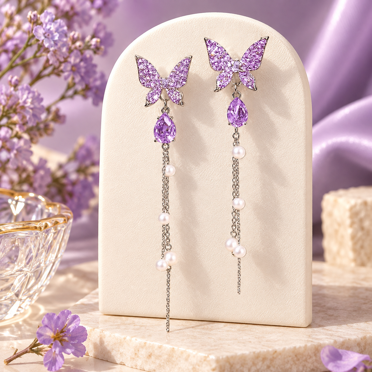 TITLIYA Korean Style Purple Butterfly Crystal Pearl Drop Earrings