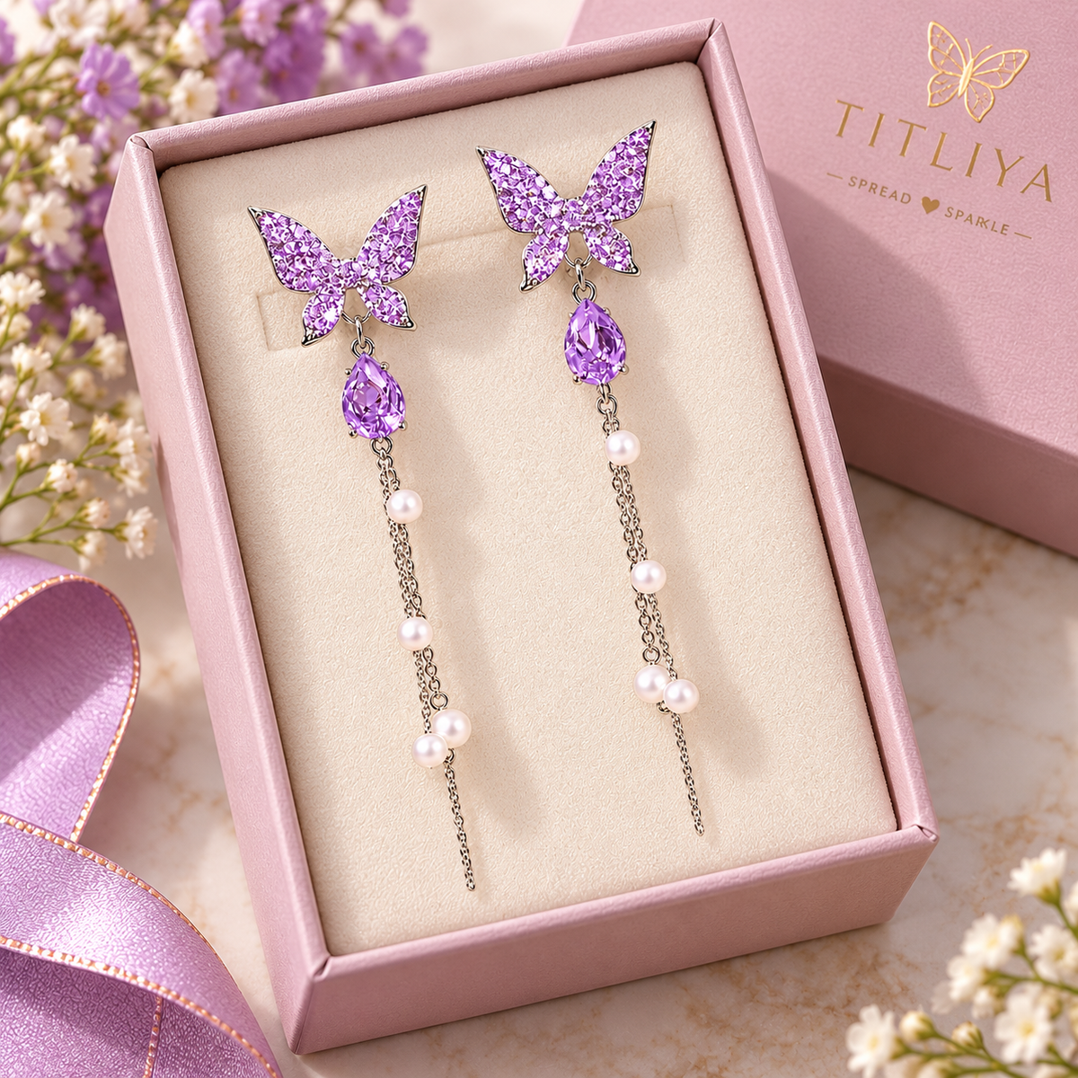 TITLIYA Korean Style Purple Butterfly Crystal Pearl Drop Earrings