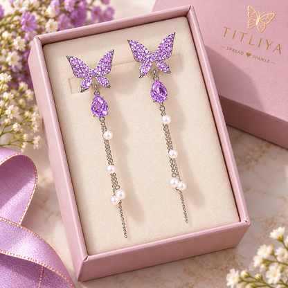 TITLIYA Korean Style Purple Butterfly Crystal Pearl Drop Earrings