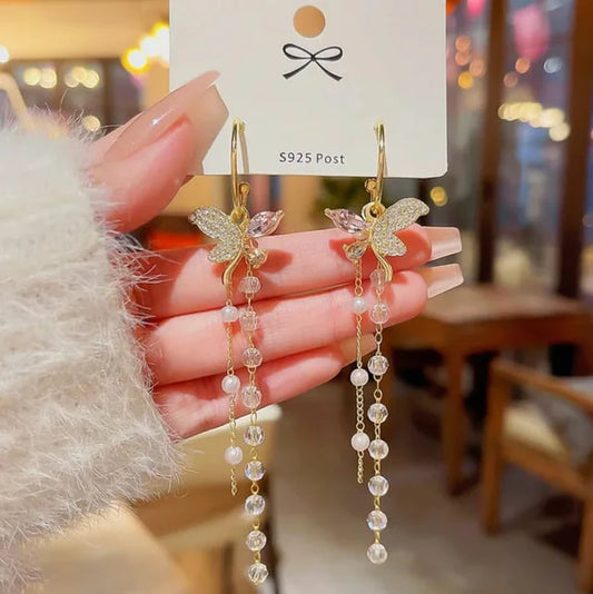 Long Tassel Butterfly Earrings - Gold with Crystal & Pearl Beads - TITLIYA