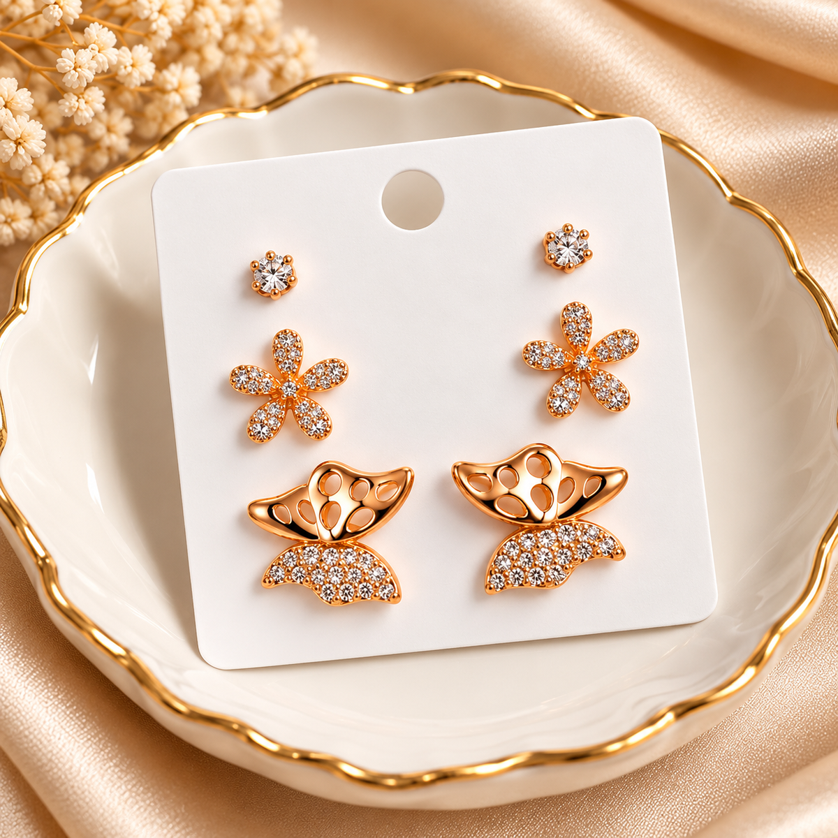 TITLIYA Korean Style Rose Gold-Tone Floral &amp; Butterfly Stud Earrings Set of 3 Pairs for Women