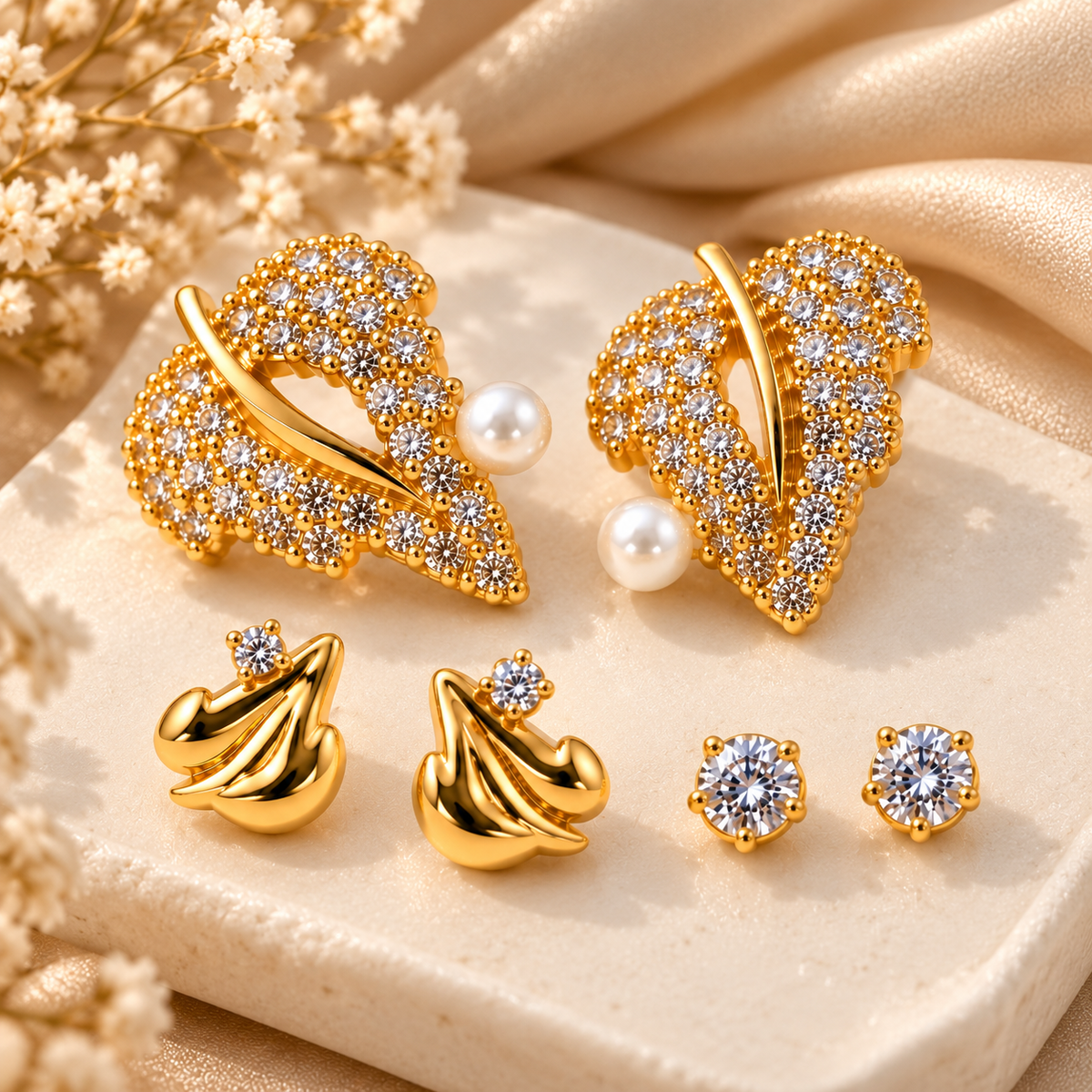 TITLIYA Korean Style Gold-Tone Pearl & Crystal Stud Earrings Set of 3 Pairs for Women