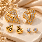 TITLIYA Korean Style Gold-Tone Pearl & Crystal Stud Earrings Set of 3 Pairs for Women