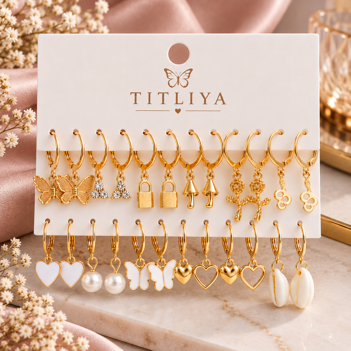TITLIYA Korean Style Gold Butterfly & Pearl Earrings Combo Set of 12 Pairs