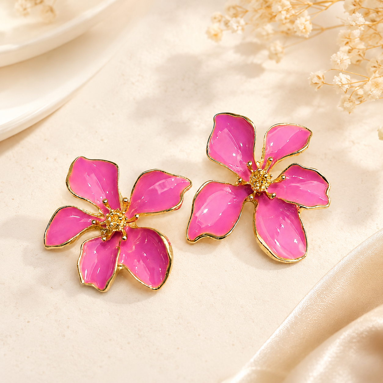 TITLIYA Korean Style Pink Floral Flower Stud Earrings for Women & Girls | Gold-Tone Enamel Statement Earrings