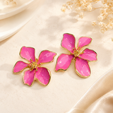 TITLIYA Korean Style Pink Floral Flower Stud Earrings for Women & Girls | Gold-Tone Enamel Statement Earrings