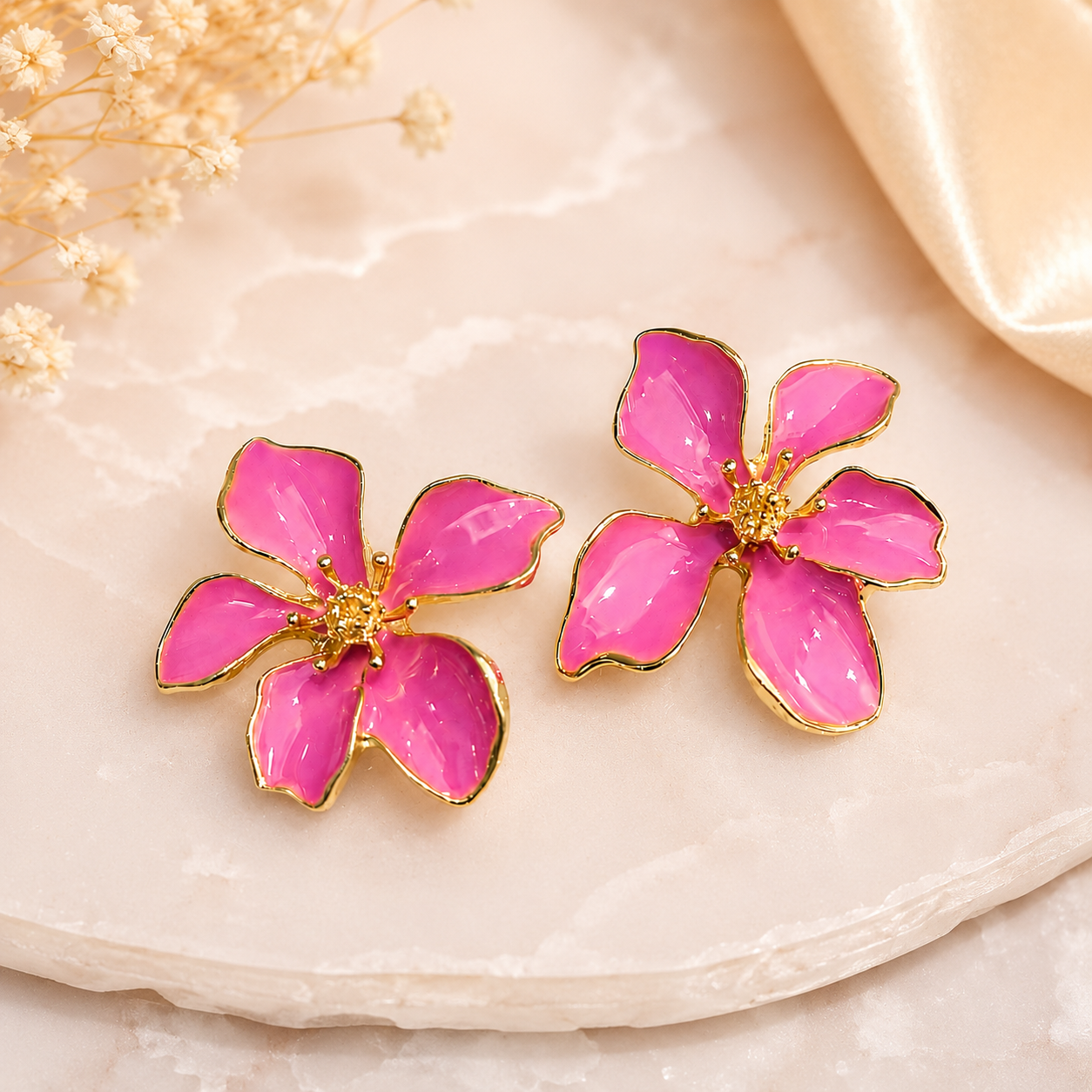 TITLIYA Korean Style Pink Floral Flower Stud Earrings for Women & Girls | Gold-Tone Enamel Statement Earrings