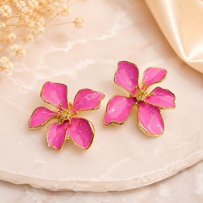TITLIYA Korean Style Pink Floral Flower Stud Earrings for Women & Girls | Gold-Tone Enamel Statement Earrings