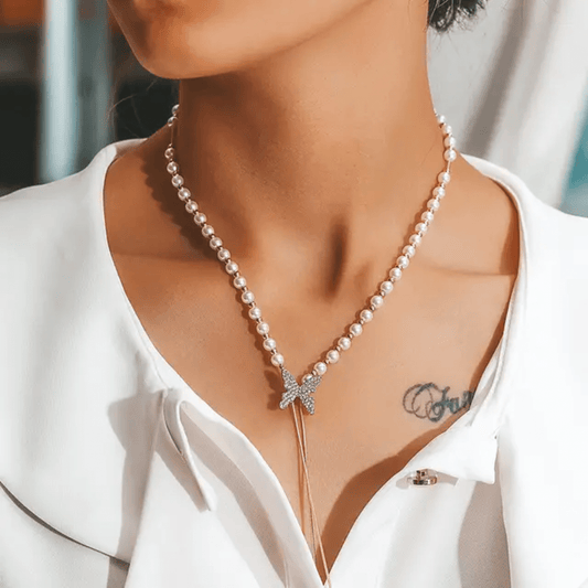 Pearl Butterfly Pendant Necklace Korean Style - TITLIYA