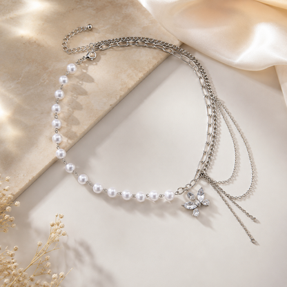 TITLIYA Korean Style Multi-Layer Pearl & Butterfly Necklace for Women