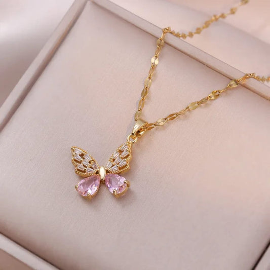 Pink Crystal Butterfly Pendant Necklace - TITLIYA
