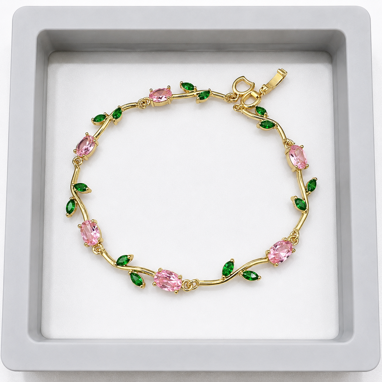 Korean Pink & Green Stone Vine Bracelet for Women | Gold-Tone Floral Leaf Bracelet
