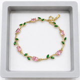 TITLIYA Korean Pink & Green Leaf Crystal Tulip Bracelet for Women
