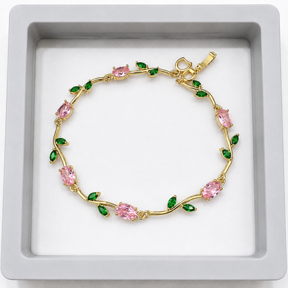 Korean Pink & Green Stone Vine Bracelet for Women | Gold-Tone Floral Leaf Bracelet