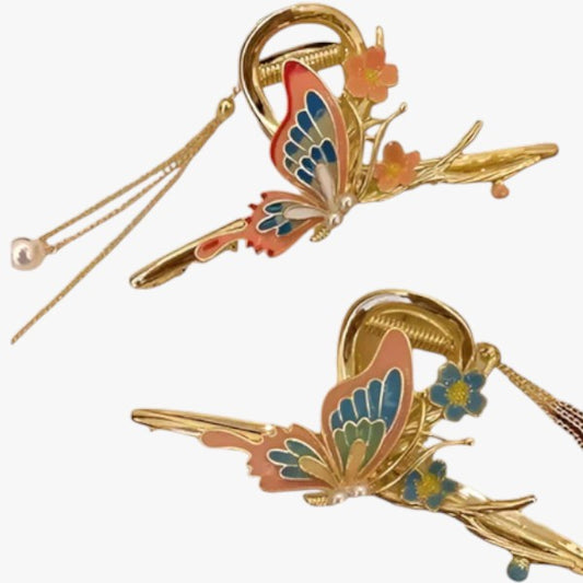 Pink Butterfly Hair Clip – Gold Metal with Pearl Chains Titliya