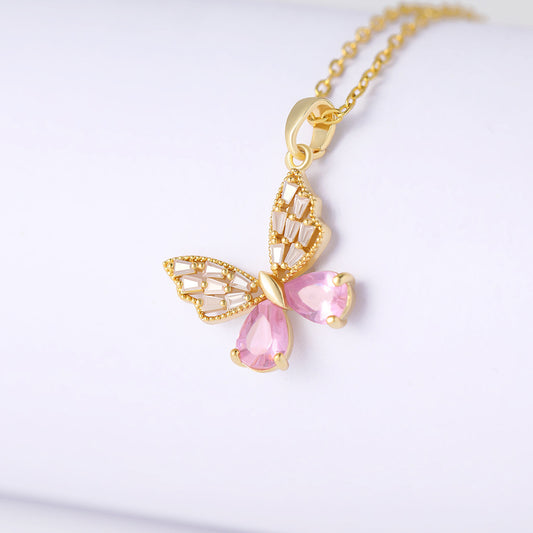 Pink Crystal Butterfly Pendant Necklace Titliya