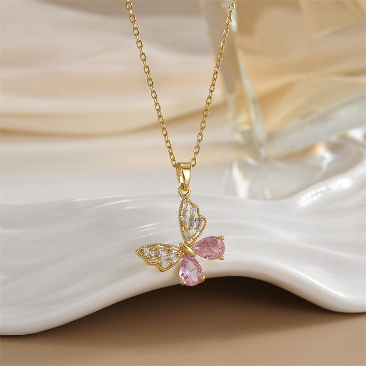 Pink Crystal Butterfly Pendant Necklace Titliya
