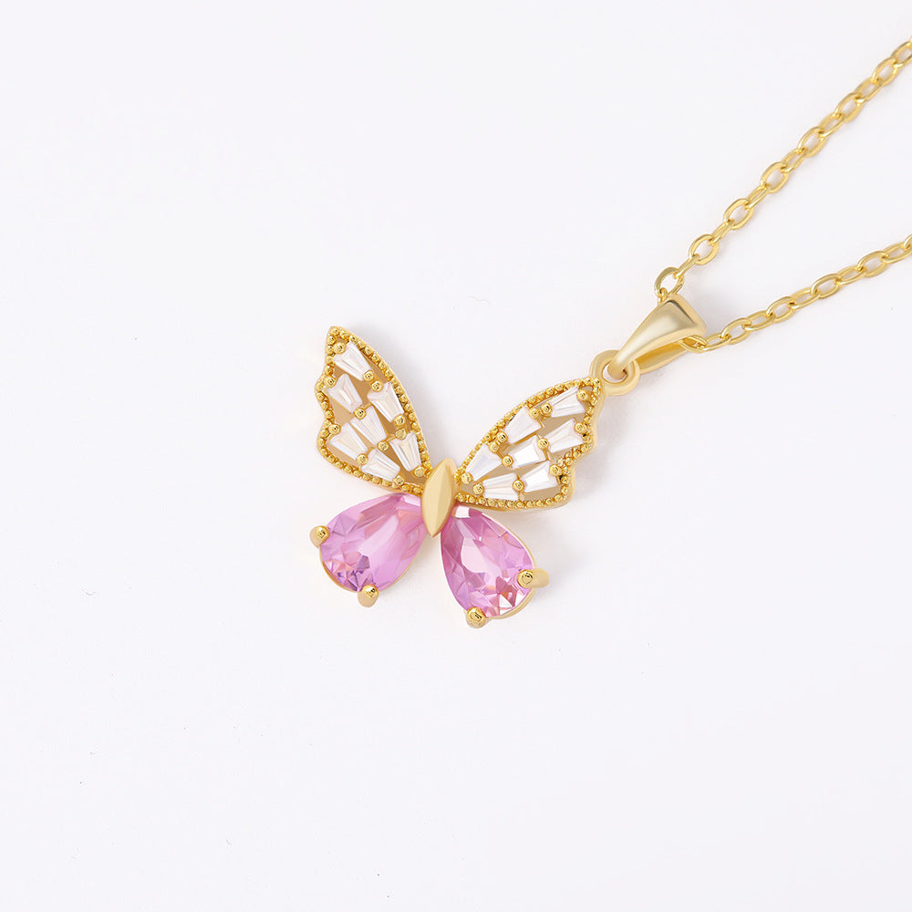 Pink Crystal Butterfly Pendant Necklace Titliya