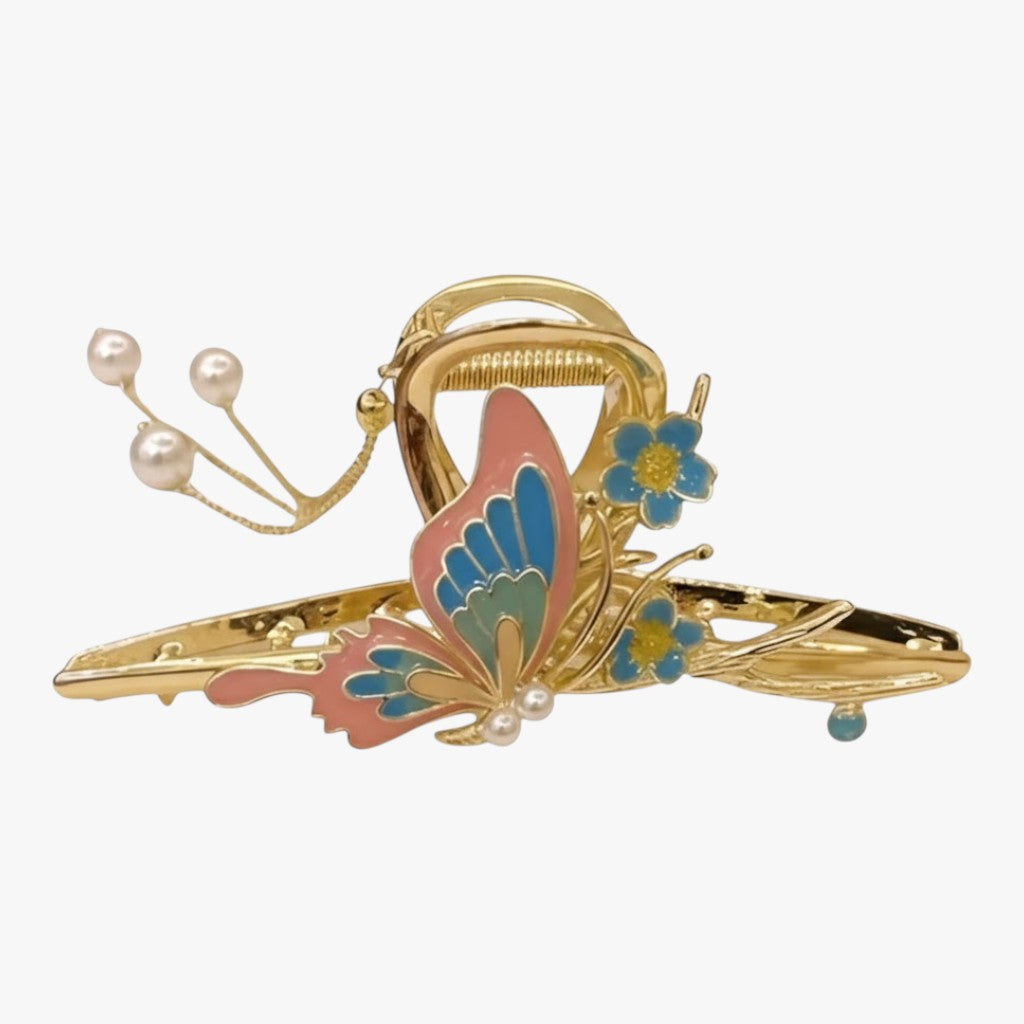Pink Butterfly Hair Clip – Gold Metal with Pearl Chains Titliya