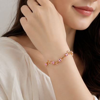 Pink Crystal Vine Bracelet for Women | Gold-Tone Floral Leaf Bracelet