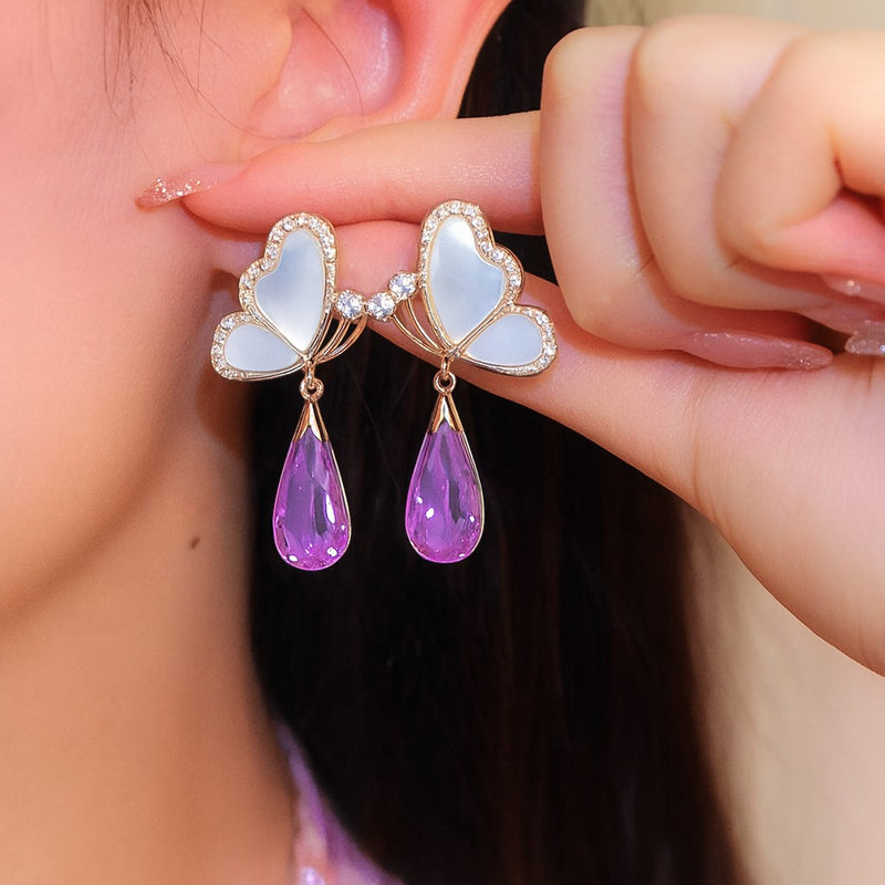 Butterfly Earring with Purple Crystal Korean-Style Earrings