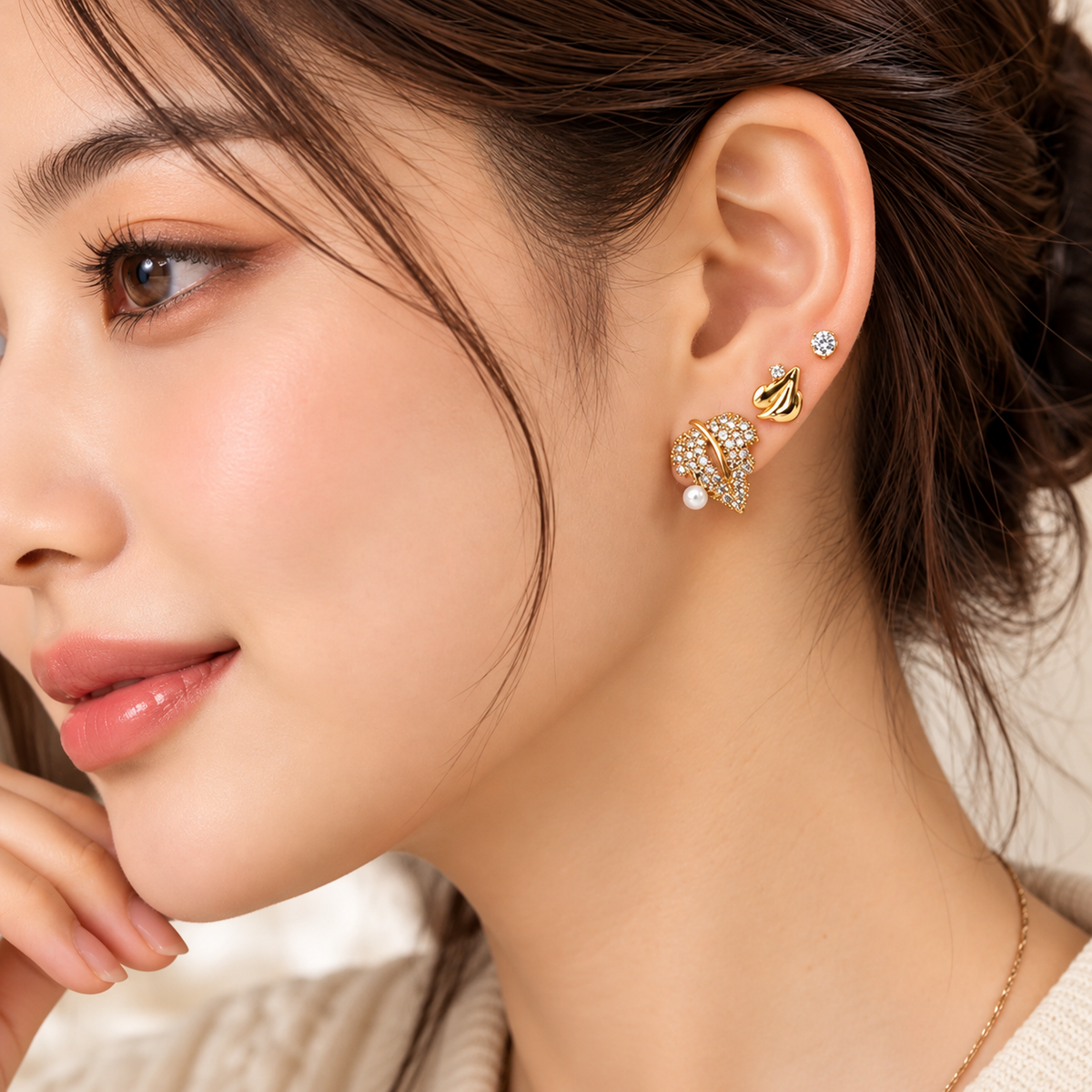 TITLIYA Korean Style Gold-Tone Pearl & Crystal Stud Earrings Set of 3 Pairs for Women