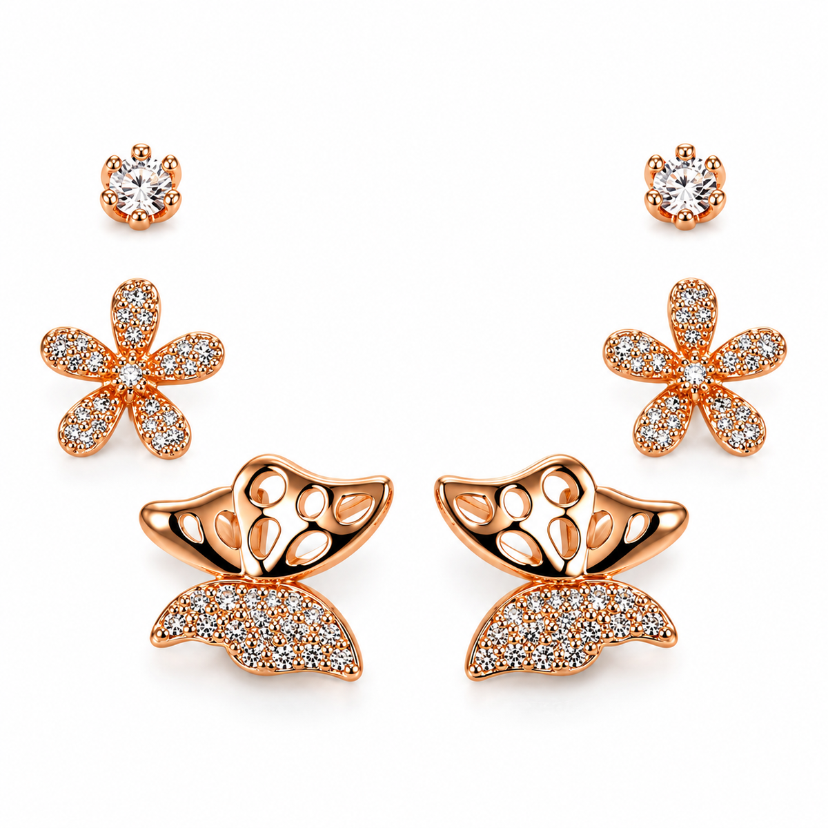 TITLIYA Korean Style Rose Gold-Tone Floral &amp; Butterfly Stud Earrings Set of 3 Pairs for Women