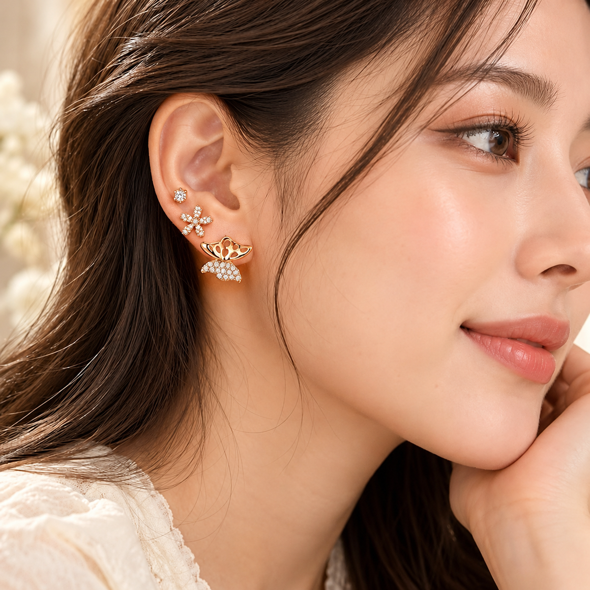 TITLIYA Korean Style Rose Gold-Tone Floral &amp; Butterfly Stud Earrings Set of 3 Pairs for Women