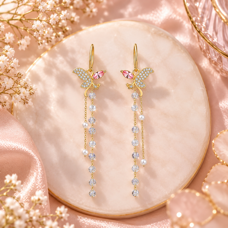 TITLIYA Korean Butterfly Crystal Pearl Drop Earrings