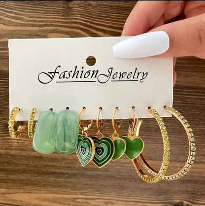 Set Of 5 Pair Green And Golden Earrings Titliya