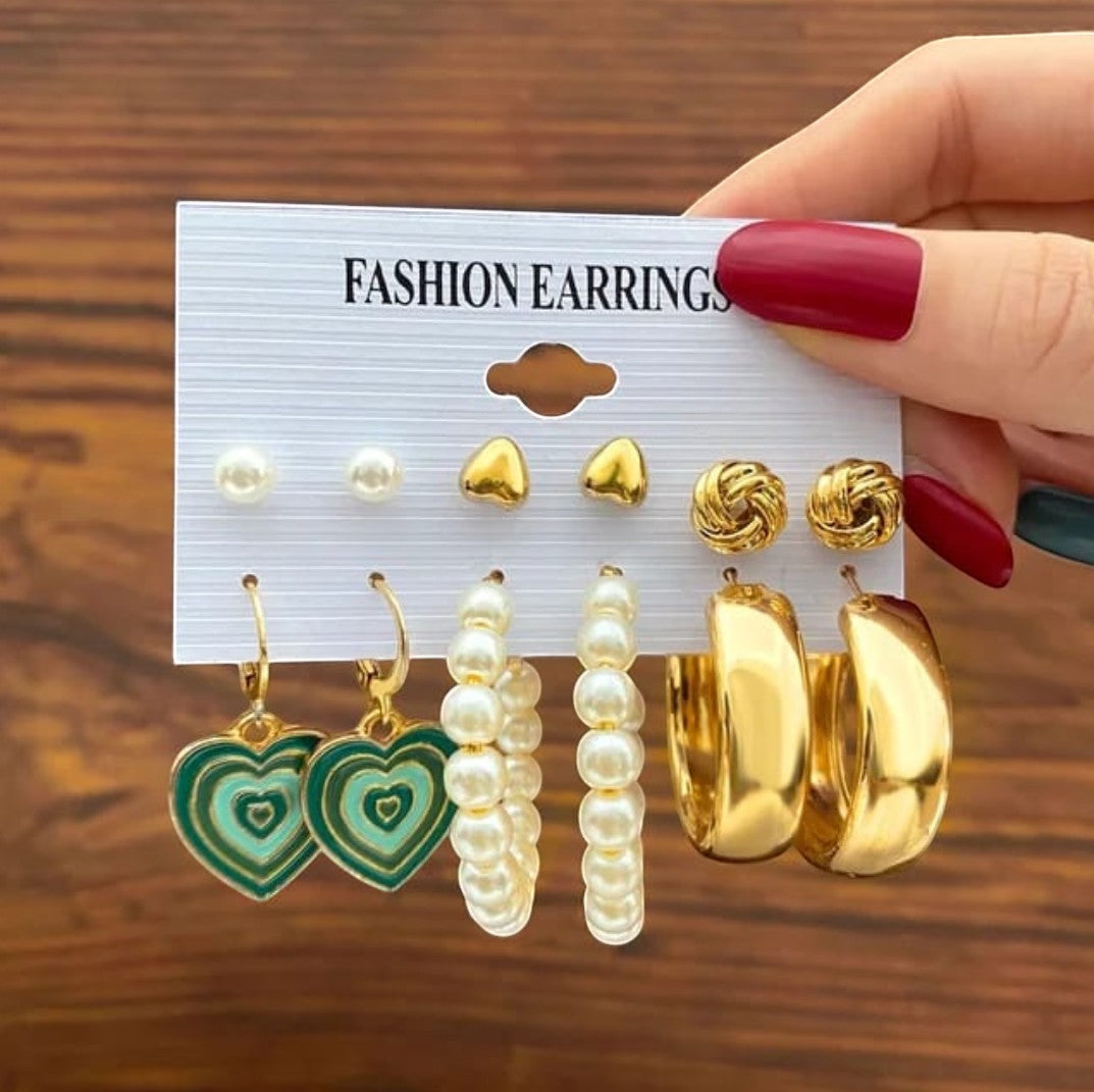 Set Of 5 Pair Green And Golden Earrings Titliya