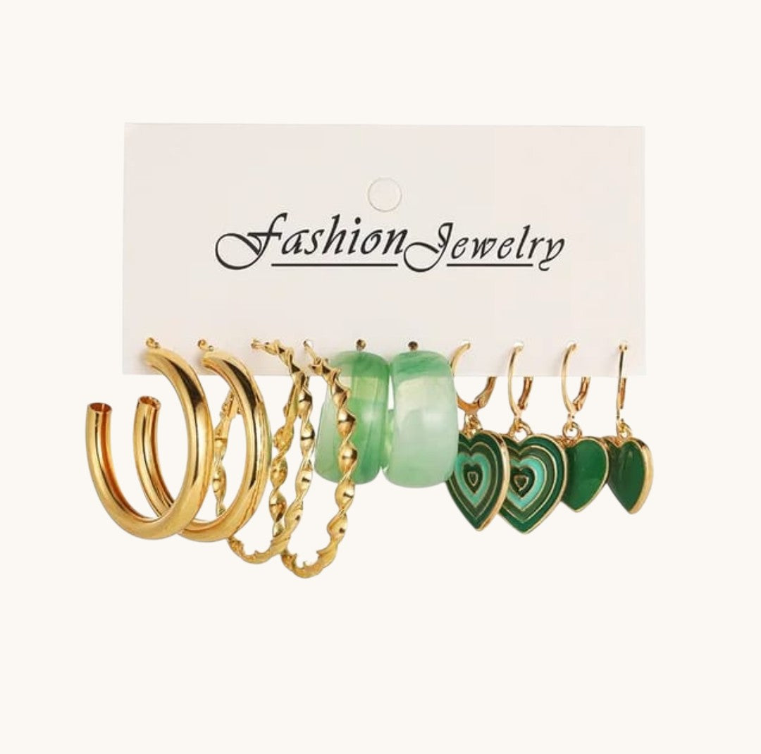 Set Of 5 Pair Green And Golden Earrings Titliya