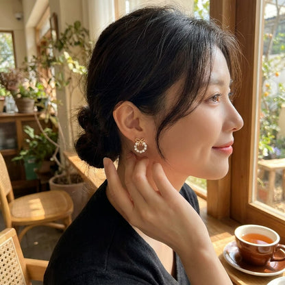 TITLIYA Korean Style Gold Bow Pearl Drop Earrings for Women – Crystal & Pearl Hoop Earrings