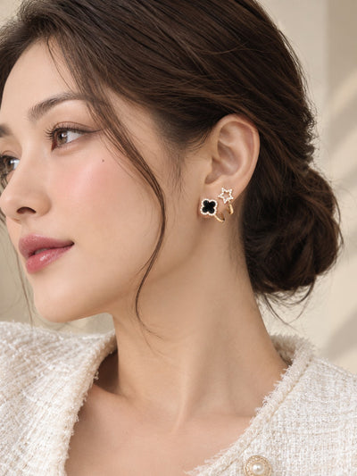 TITLIYA Korean Style Black Clover & Star Earrings for Women – Gold-Tone Crystal Stud Earrings