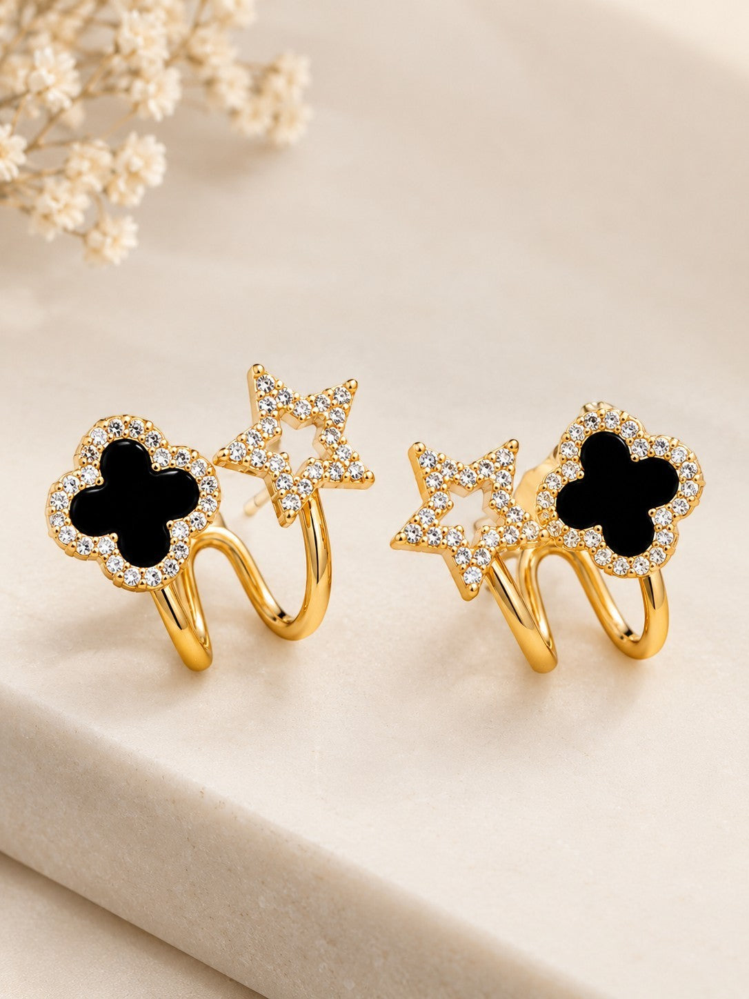TITLIYA Korean Style Black Clover & Star Earrings for Women – Gold-Tone Crystal Stud Earrings