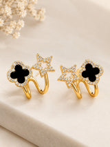 TITLIYA Korean Style Black Clover & Star Earrings for Women – Gold-Tone Crystal Stud Earrings