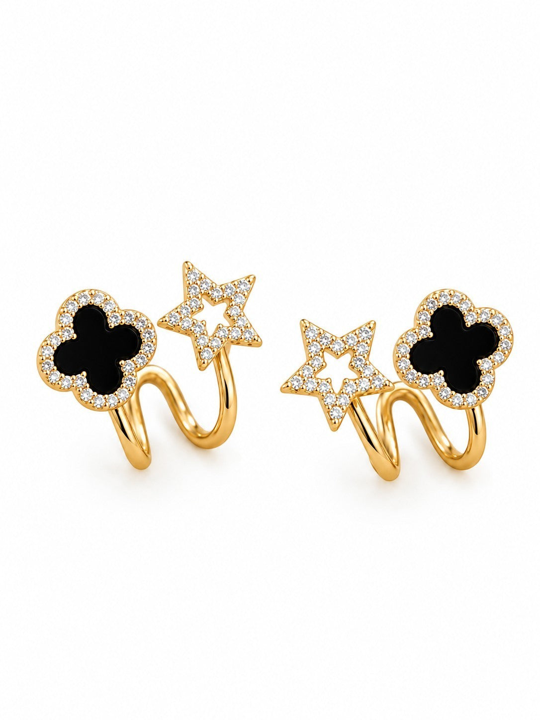 TITLIYA Korean Style Black Clover & Star Earrings for Women – Gold-Tone Crystal Stud Earrings