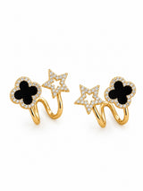 TITLIYA Korean Style Black Clover & Star Earrings for Women – Gold-Tone Crystal Stud Earrings